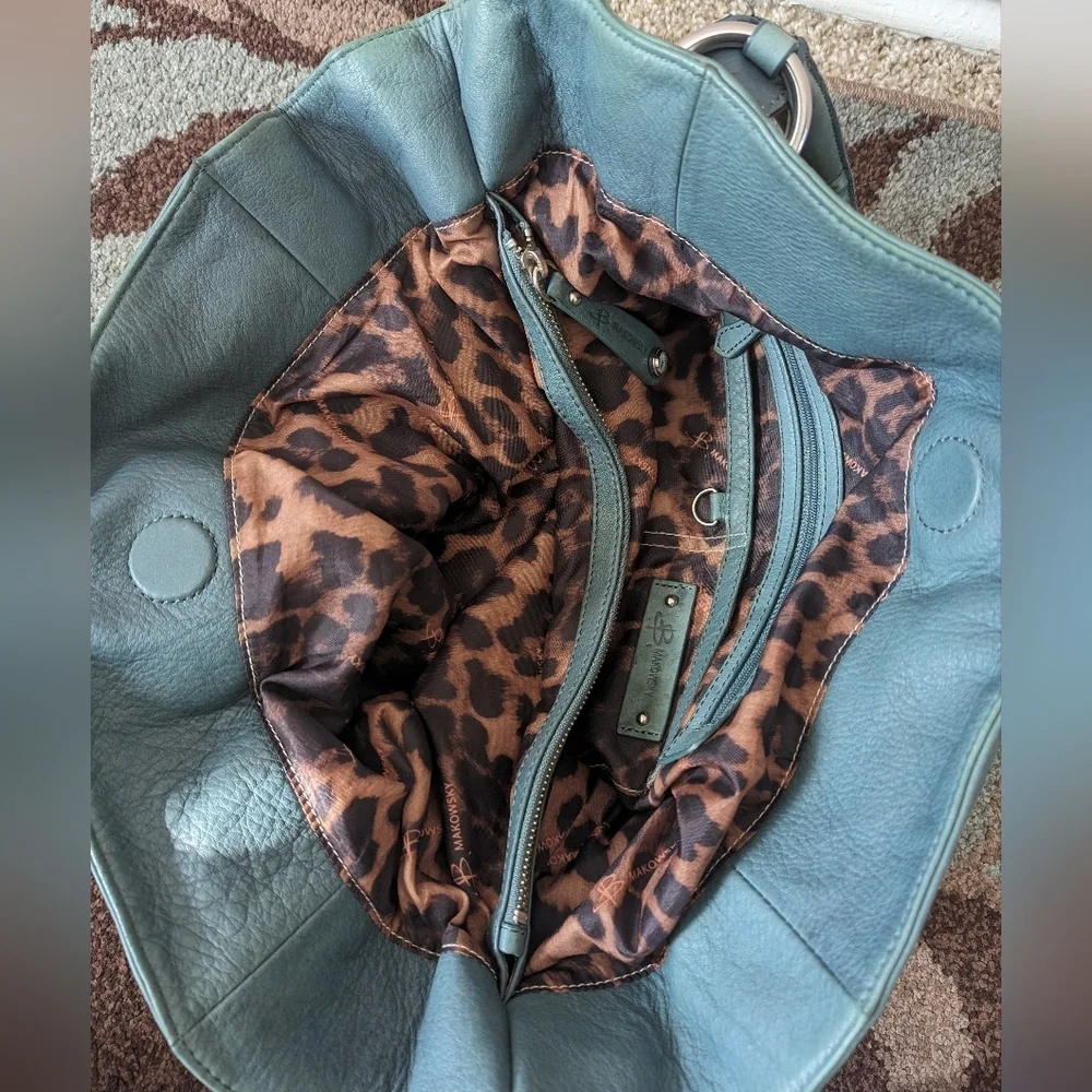B. Makowsky Teal Slouchy Soft Pebble Leather Hobo Bag Y2K Bohemian Chunky Metal